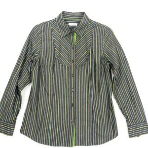 Charter Club Shirt Womens 10 Brown Green Stripe Button Down Career Top